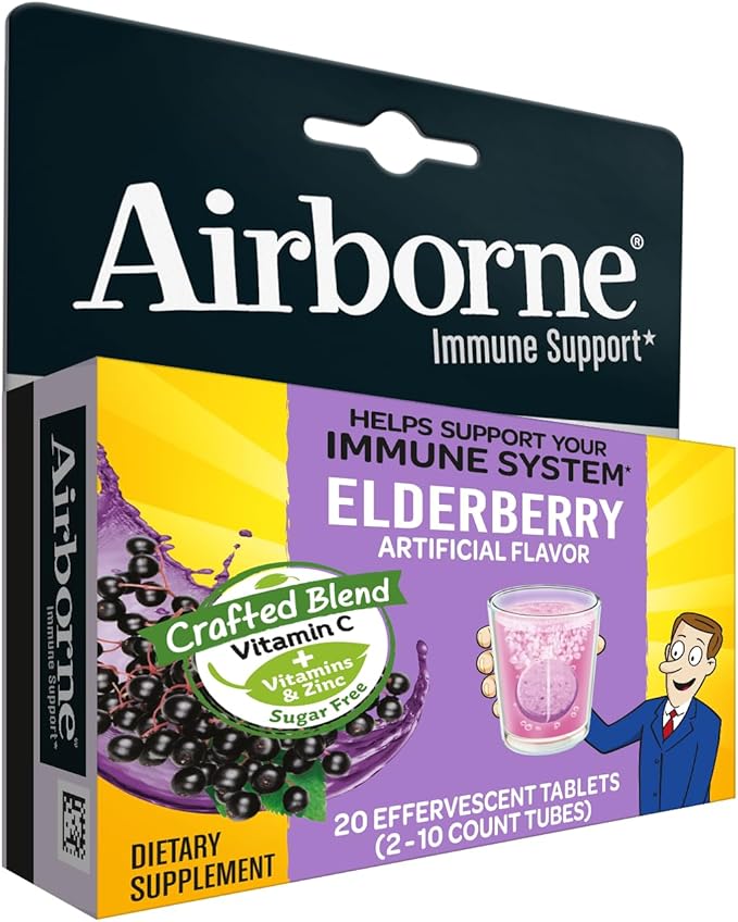 Airborne Elderberry Extract + Vitamin C 1000mg (per Serving) - Effervescent Tablets (20 Count in a Box), Gluten-Free Immune Support Supplement, with Vitamins A C E, Zinc, Selenium, Sugar Free