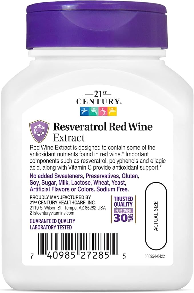 21st Century Resveratrol Red Wine Extract Capsules (90 Count), Resveratrol Supplement with Grapeseed Extract, Polyphenols, & Vitamin C for Antioxidant Support, Gluten-Free & Non-GMO, No Added Sugar