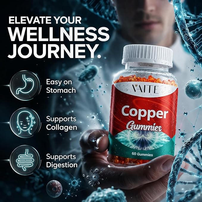 VAITE Copper Supplement Gummies 10 mg Amino Acid Chelate – Trace Mineral that Plays a Role in Collagen Formation, Gentle on Stomach, Supports Daily Nutrition & Balance – Vegan, Non-GMO, 60 Count