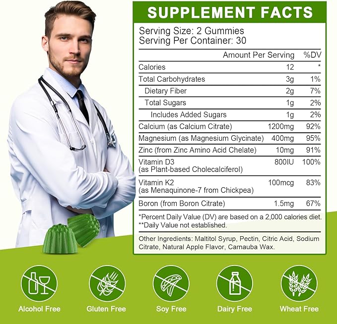 Calcium Citrate 1200mg Supplement with Vitamin D3 Gummies for Women & Men - Chewable Calcium Magnesium Zinc D3 K2 Supplement for Bone & Teeth Support, Vegan, Apple Flavor - 60 Gummies (2Pack)