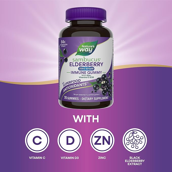 Nature's Way Sambucus Zero Sugar Immune Gummies,Daily Immune Support*,Black Elderberry Extract,Vitamin C,Vitamin D3,Zinc,Sugar Free,Sugar-Alcohol Free,Plant-Based Sweeteners,70 Gummies,(Pack of 2)