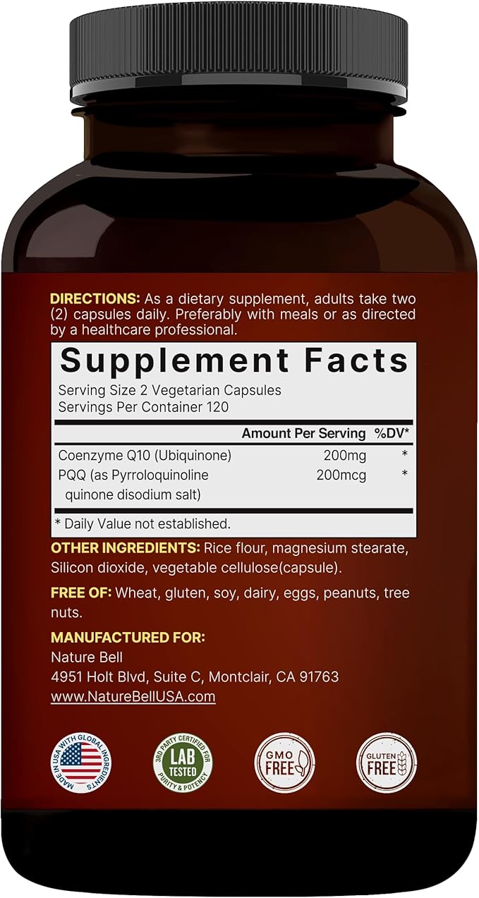 NatureBell CoQ10 200mg with PQQ, 240 Veggie Capsules | Stable High Absorption Form – Antioxidant Support for Heart, & Energy Health – Extra Strength Coenzyme Q10 Supplement