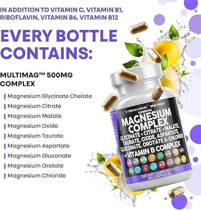 Clean Nutraceuticals Magnesium Complex with Magnesium Glycinate Citrate Malate Oxide Taurate Aspartate Orotate & Mag Chloride, Zinc Copper Manganese (90 Count (Pack of 2))
