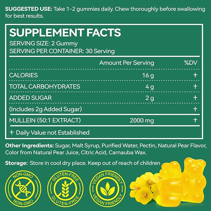 NIFEISHI Mullein Gummies for Lungs, 2000mg Mullein Leaf Extract for Respiratory & Digestive & Immune Support, Natural Herbal Supplement, Pear Flavor Gummies 60 Gummies