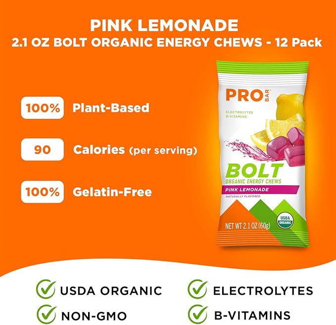 PROBAR Bolt Energy Chews for Running & Cycling – Organic Sports Nutrition Gummies with Electrolytes & B Vitamins, Fast Carb Endurance Fuel, Vegan Gluten Free Non-GMO, Pink Lemonade (12 Pack)