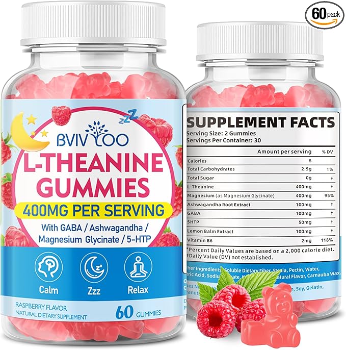 L-Theanine Gummies with L-Theanine 400 mg, Ashwagandha, GABA, 5-HTP, Magnesium Glycinate for Calm, ZZZ & Relaxation Support - Vegan, Raspberry Flavor, 60 Count