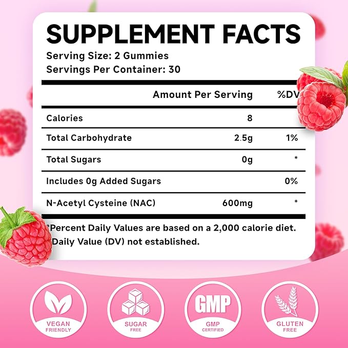 MEENCCD NAC Gummies, N Acetyl Cysteine 600mg, NAC Supplement for Antioxidants & Immune Support, Sugar-Free, Natural Raspberry Flavor, 60 Count