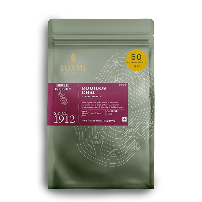 Luxmi Estates Rooibos Chai Organic Rooibos Tea with Spices (50 Tea Bags) Caffeine Free Tea Bags For Relaxing, Calming, and Stress Relief, With Certified Organic Rooibos Tea