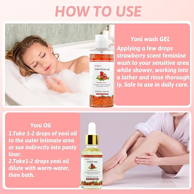 Natural Feminine Wash Yoni Wash Yoni Oil Set, Cleanse - Remove Odor - pH Balance for Women, 1 fl.oz Feminine Oil & 6.7 fl.oz Intimate Wash with Cleaning Factor - Strawberry Scent