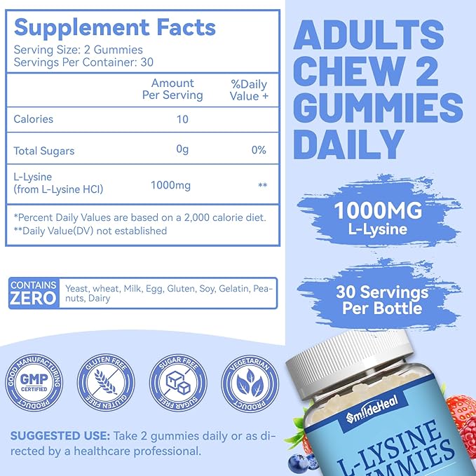 L-Lysine 1000mg Gummies, Chewable Lysine Supplement for Adults, Immune Support, Collagen Formation Support, Vegan, Gluten Free - 60 Counts