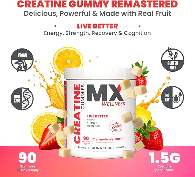 Creatine Monohydrate Gummies for Men & Women – Real Fruit Gummy Supplement for Muscle Growth, Recovery, Longevity, Cognitive Health & Memory – 90 Chews (90 Gummies, Strawberry Lemon)
