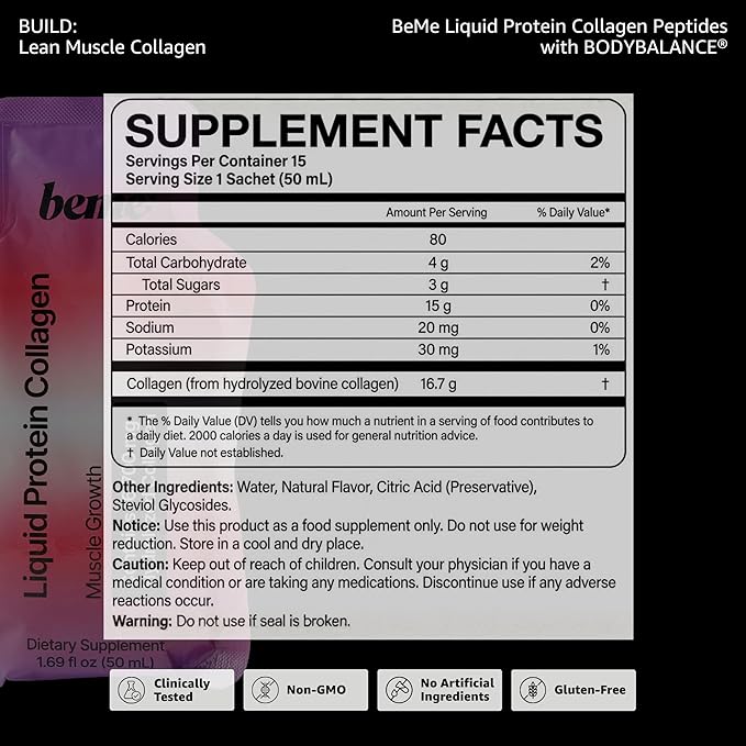 BeMe Liquid Collagen Peptides - Easy Protein Shots for Lean Muscle Support and Workout Recovery. 15g Whey Free Formula with 16.7g Hydrolyzed Collagen for Gym Performance. 15 Sachets, Apple Flavor