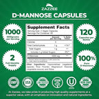 Zazzee D-Mannose, 1000 mg per Serving, 120 Vegan Capsules, 2 Month Supply, Potent & Fast-Acting, Certified Kosher, 100% Pure, All-Natural Urinary Tract Health Support, 100% Vegetarian, Non-GMO