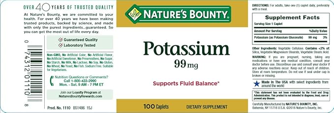 Nature's Bounty Potassium 99mg, Supports Fluid Balance and Muscle Activity, Involved in Normal Heart Function, Potassium Gluconate Dietary Supplement, 1 Per Day, 100 Vegetarian Caplets (Pack of 3)