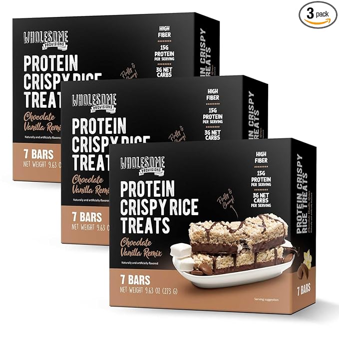 Protein Crispy Rice Treats, 15g Protein, 3g-7g Net Carbs, Low Carb, Fluffy, Soft, Chewy, Gluten Free, High Fiber, Keto-Friendly, No Aftertaste (Chocolate Vanilla Remix, 3 Pack)
