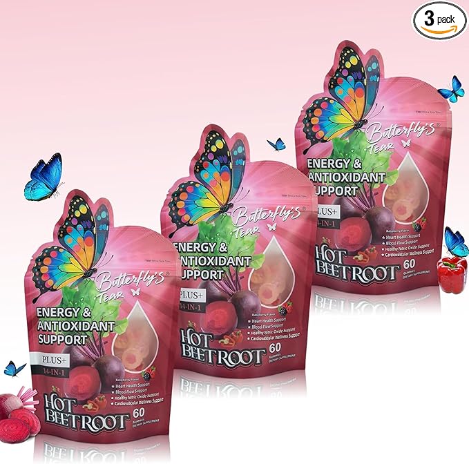BUTTERFLY'S TEAR Organic Beet Root Gummies, 1500mg Beet Root Powder, Supports Healthy Circulation & Vitality, Non-GMO, Plant-Based (60 Count (Pack of 3), Superfood Beets Gummies)
