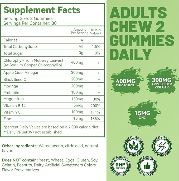 Chlorophyll Gummies for Body Odor Deodorant*, Sugar Free Chewable Chlorophyll for Immune Support Women Vegan, 60 Count (Lemon)
