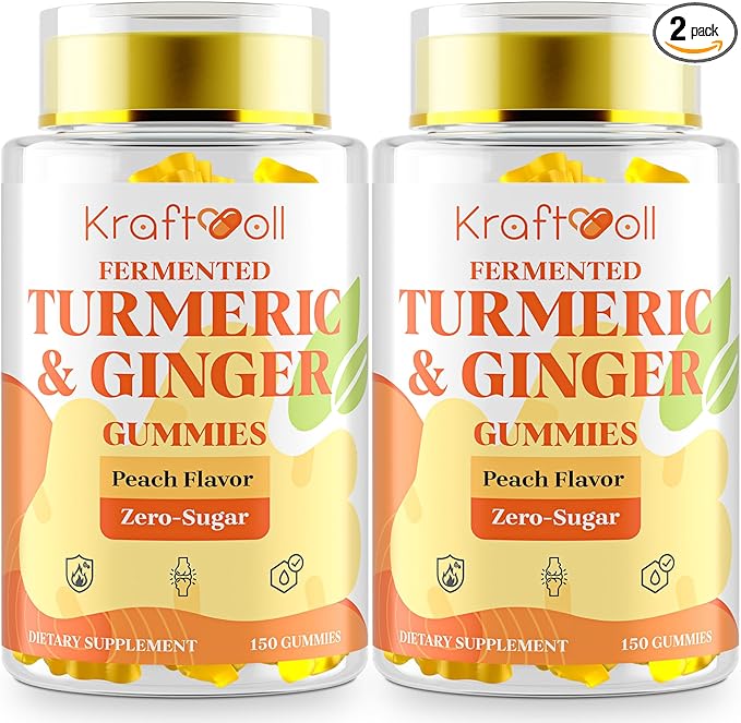 Turmeric Curcumin with Ginger Gummies, Vegan Formula with Fermented Turmeric & Black Pepper, Joint Comfort & Mobility, Sugar-Free with Vitamin D3 + K2, Natural Peach Flavor – 150 Gummies (2 Bottles)
