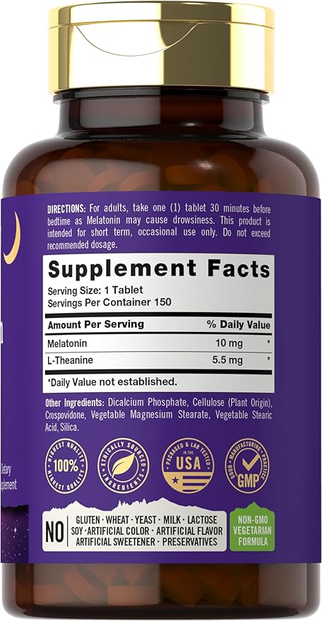 Tahoe Nutritionals Melatonin 10mg | 150 Tablets | with L-Theanine | 100% Drug Free Aid | Vegetarian, Non-GMO, Gluten Free Supplement