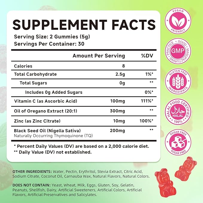 Oil of Oregano with Black Seed Oil, 2-in-1 Black Seed Oil Supplement for Women & Men Support Antioxidant Health, Sugar Free & Vegan Raspberry Herbal Gummies, 120 Count