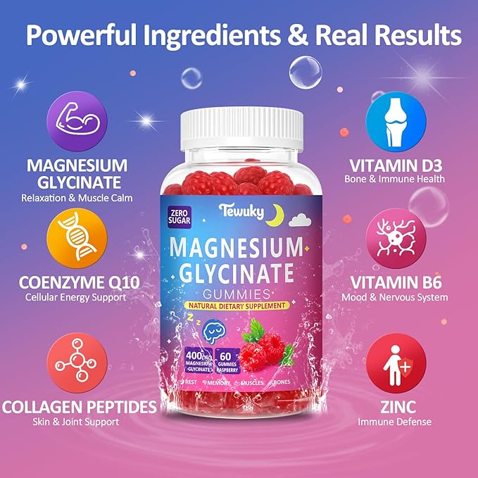 Magnesium Glycinate Gummies 400mg - Sugar Free Vegan Gummies for Adults & Kids with Vitamin D3, B6, C, CoQ10, Collagen, Zinc - Sleep, Muscle, Bone & Memory Support - 60 Raspberry Chewables / 2 Pack