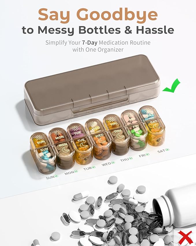 Pillex Weekly Pill Organizer 2 Times a Day, 7-Day AM PM Pill Box, Travel Pill Case, Medicine Pill Organizer for Fish Oils, Vitamins & Supplements