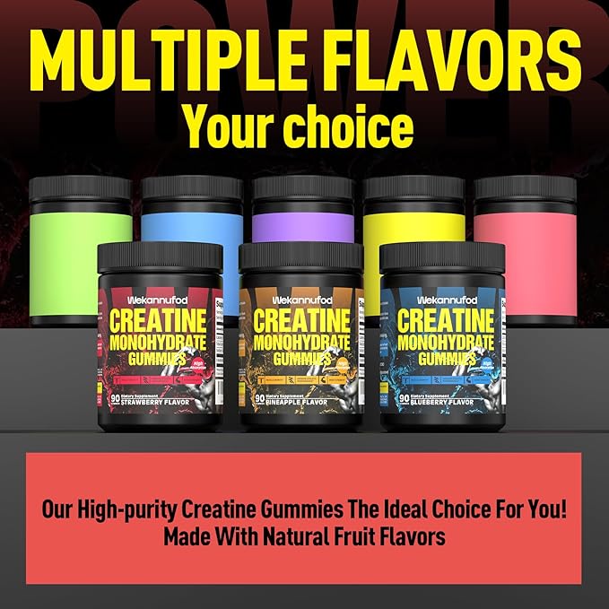 Wekannufod Creatine Monohydrate Gummies for Men & Women,5000MG Creatine Gummy Sugar Free. Boost Focus,Strength, and Endurance, Anti-Melting Formula, Vegan, Gluten-Free, Non-GMO,(Strawberry 90 ct)