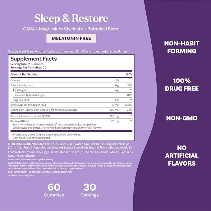 Natrol Sleep & Restore Magnesium Glycinate Blend Gummies, Magnesium for Sleep Aids for Adults, Melatonin-Free, Cherry Flavored, 30 Day Supply, 60 Gummies (Pack of 2)