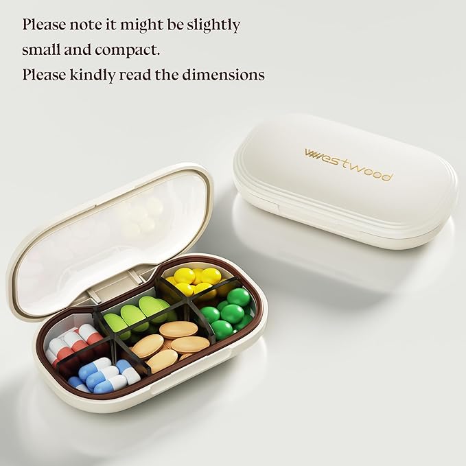 HyJeryty 6-Compartment Pill Organizer - Small Compact Daily & Travel Pill Case Container for Vitamins, Medication and Supplements - Portable White Medicine Pill Box Holder with Stylish Cute Design