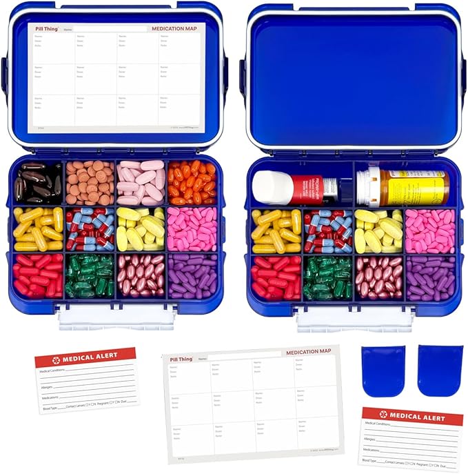 12 Compartment Large Pill Case with Airtight Seal - Silicone Gasket Waterproof Med Box with Medication Map (Blue 2 Pack)