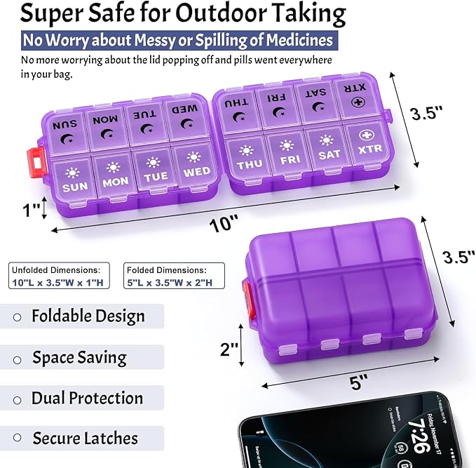 Foldable Weekly Pill Organizer 2 Times a Day with 2 Extra Compartments (Clear Printed Labels) - 7 Day AM PM Medicine Box, Week Daily Travel Pill Case Holder for Vitamin, Supplement - Clear Purple