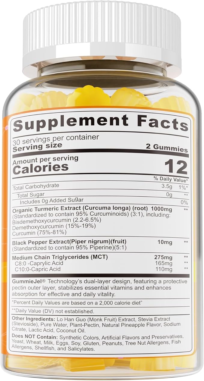 Turmeric Gummies 1000mg w/MCT Oil C8 C10, Organic Antioxidant, Turmeric Curcumin Supplement with Black Pepper Extract, Support Comfort, Boost Energy, Ultra Absorption, Sugar Free, 120Cts