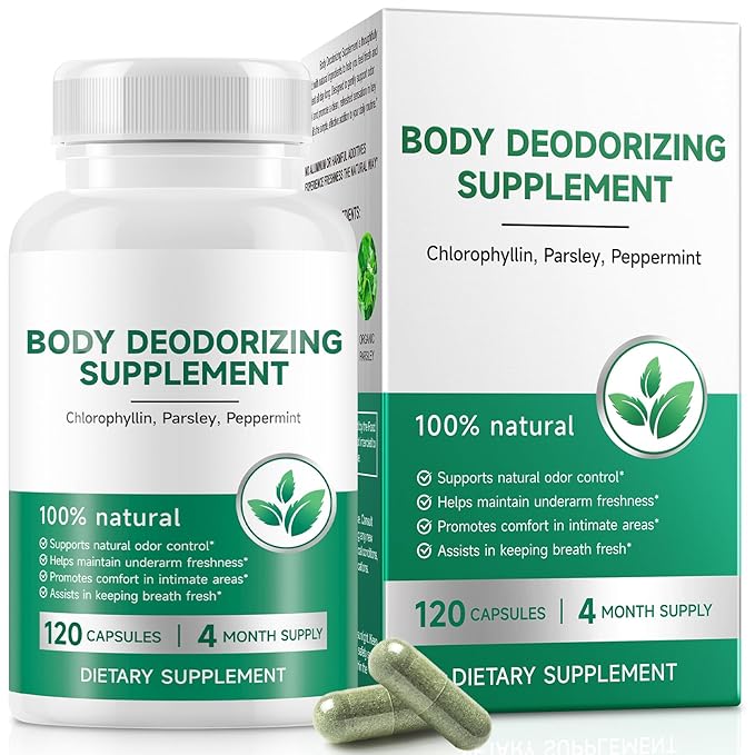 Chlorophyll Capsules Internal Deodorant Supplement, Natural Body Odor Control for Whole Body Freshness, Chlorophyll with Parsley & Mint for Breath, Gut & Digestive Support, Vegan, 120 Capsules