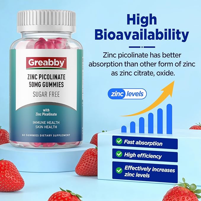 Zinc Gummies Sugar Free, Zinc Picolinate 50mg Highly Absorbable Zinc Supplement for Kids & Adults, Support Immune System, Skin Health, 120 Gummies