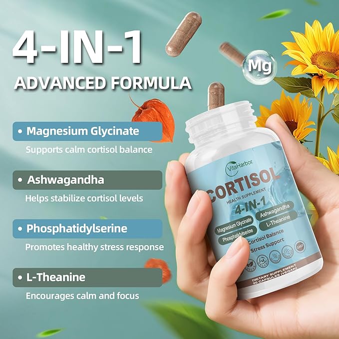 Cortisol Supplement for Women and Men, 4-in-1 Cortisol Reducer with Magnesium Glycinate, Ashwagandha, Phosphatidylserine, L-Theanine, for Relaxation & Calm Support, 90 Veg Caps