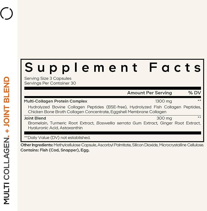 Codeage Multi Collagen Protein + Joint Blend Supplement, Hyaluronic Acid, Bromelain, Turmeric, Ginger, Boswellia, Astaxanthin - Hydrolyzed Bovine Collagen - 5 Collagen Types - Non-GMO - 90 Capsules