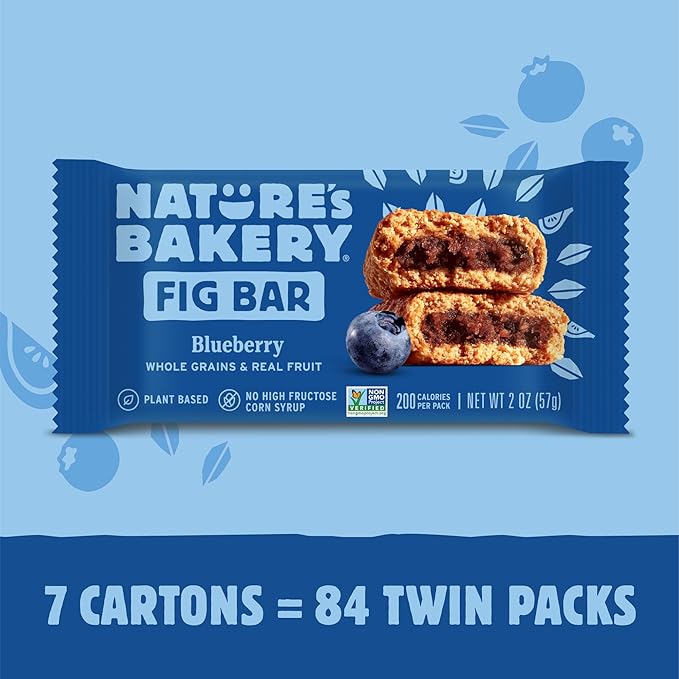 Nature’s Bakery Whole Wheat Fig Bars, Blueberry, Real Fruit, Vegan, Non-GMO, Snack Bar, 7 Boxes With 12 Twin Packs (84 Twin Packs)