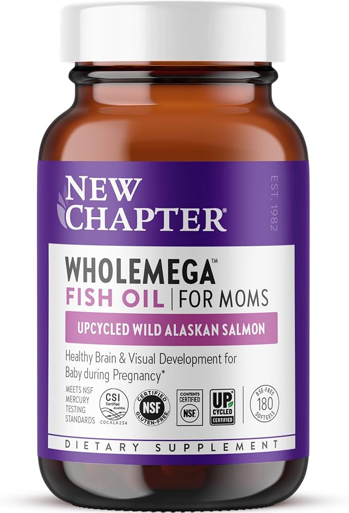 New Chapter Wholemega for Moms Fish Oil Supplement, Tiny Capsules, 2000mg per Serving, Prenatal DHA with Omega-3 + Vitamin D3 for Prenatal & Postnatal Support, 500mg Each - 180 Count