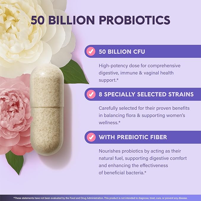 Probiotics for Women 50 Billion CFU - Vaginal Probiotics Clinically Proven for Yeast & pH Balance - Digestion & Bloating Relief - 8 Strains + Prebiotics - Delay Release - Made in USA, 60 Capsules