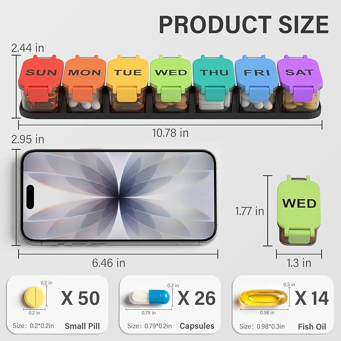2-Pack Extra Large Weekly Pill Organizer - Waterproof 7-Day Pill Box, Portable Vitamin & Supplement Case, Easy to Open Design, Ideal for Travel and Daily Medication Management,Rainbow