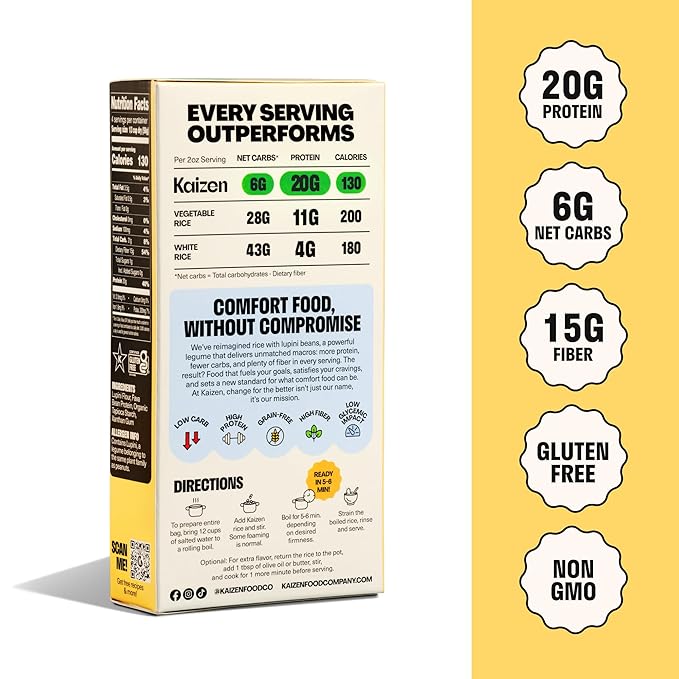 Kaizen Original Protein Rice, 20g Protein, Low Carb (6g Net Carbs), Keto-Friendly, Gluten-Free, Made with Plant-Based Lupini Beans, High Fiber, 8 Ounce, Pack of 3