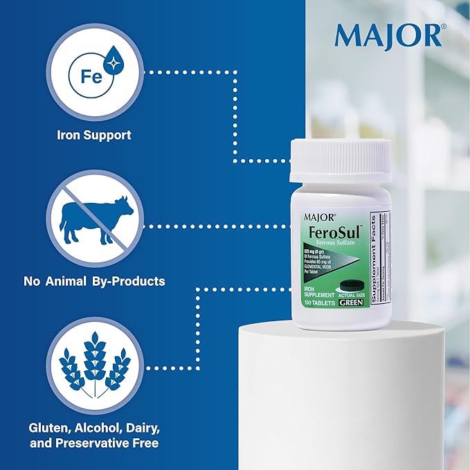 Major Ferosul - Ferrous Sulfate 325mg Tablets with 65mg of Elemental Iron - Iron Supplement for Women, Men - Green - 100 Count (4 Pack)