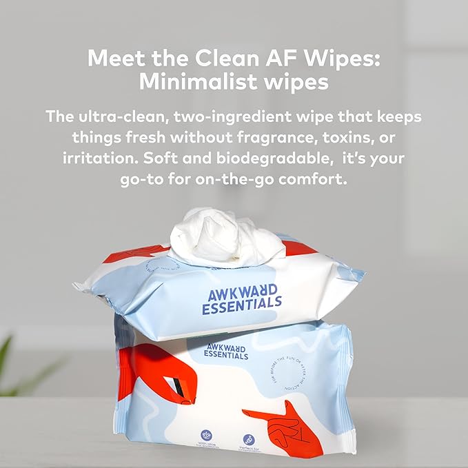 Awkward Essentials Clean AF Wipes for Personal Hygiene with Aloe & Water - Gentle, Two-Ingredient, pH-Friendly Cleansing Wipes for Body, Post-Workout & Intimate Use