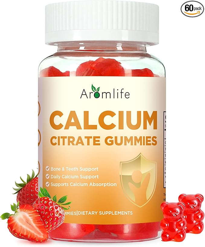Aromlife Calcium Citrate Gummies for Bone & Teeth Support, 1000mg Per Serving, High Absorption Calcium Citrate Gummies for Women & Men, 60 Count Strawberry Flavor, Sugar Free, Vegan