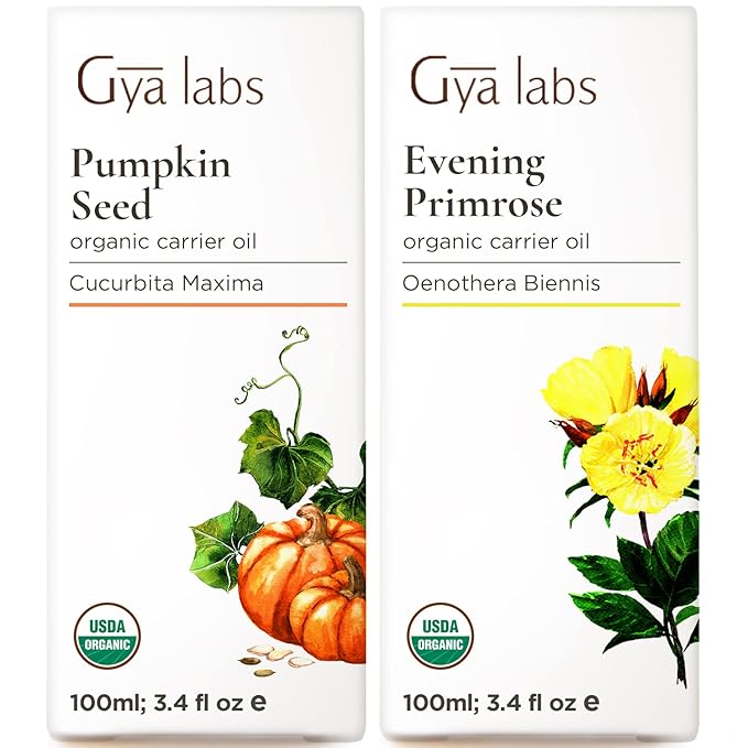 Gya Labs Organic Pumpkin Seed Oil for Hair & Organic Evening Primrose Oil for Dry Skin Set - Aromatherapy Grade Essential Oils Set - 2x3.4 fl oz