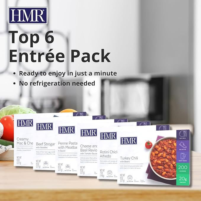 HMR Pasta Picks Entrée Pack, Pre-Packaged Lunch or Dinner to Support Weight Loss, Pack of 6 Ready to Eat Meals, 10-16 grams of Protein per Entrée, Low Calorie Food, 7-8 oz Servings per Meal