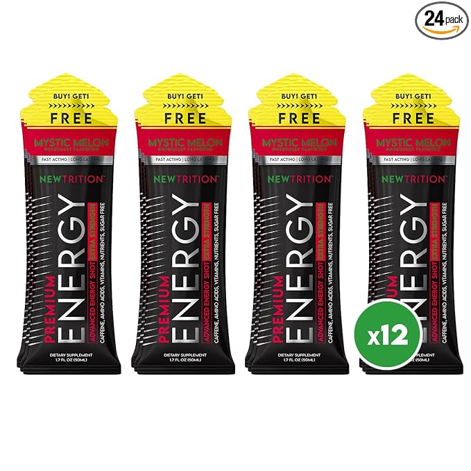 NewTrition® Extra Strength Energy Shots, 1.7 fl oz - 250mg Caffeine with Vitamin B & Amino Acids, Sugar-Free, Zero Calorie Vitamin Energy Drink for Focus & Endurance (Pack of 12, Mystic Melon)