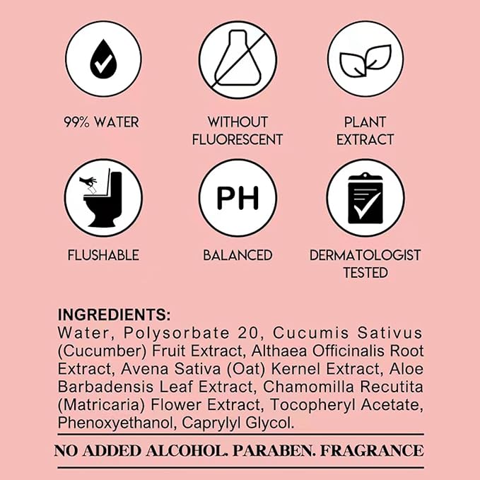 Flushable Feminine Wipes pH-Balanced & Unscented for Sensitive Skin | Individually Wrapped, Septic-Safe, Aloe-Infused | Travel & Home Use (60 Count)