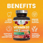 Vitamin D 2000 IU 50mcg Per Tablet - Vitamins D3 & K2 (MK7) Complex Supplement for Bone, Teeth, Muscle, Calcium Absorption, Supports Immune & Heart Health, Chewable Formula USA Bottled - 120 Tablets
