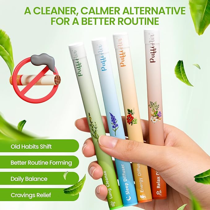 PUFFIAIR Herbal Diffuser Pen 4 Pack, Clean Botanical Aromatherapy Diffusers, Four Aroma Variety Set, Cool Mint & Herbal Scents, Smooth Daily Experience, Up to 600 Uses Each